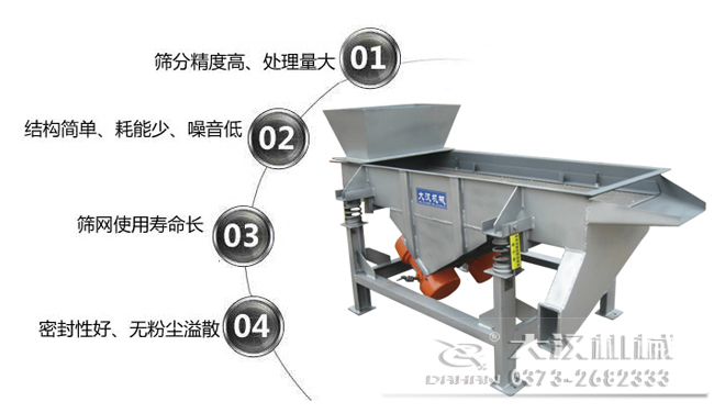 1016型直線振動篩特點(diǎn)：1，篩分精度高，處理量大。2，結(jié)構(gòu)簡單，耗能少，噪音低，3，篩網(wǎng)使用壽命長，密封性好無粉塵溢散。