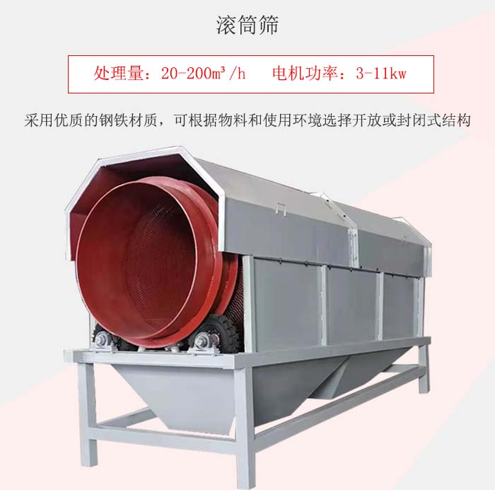 滾筒篩采用優(yōu)質(zhì)的鋼鐵材質(zhì)，可根據(jù)物料和使用環(huán)境選擇開放或封閉式結(jié)構(gòu)
