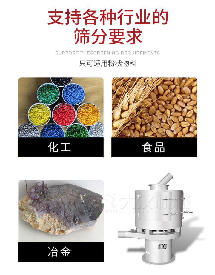 氣流篩用于礦粉，石墨粉，活性納米碳酸鈣，鋁灰，大豆粉，碳酸重鈣，石墨粉，木粉，干草，重金石粉，藥粉末，橡膠顆粒，草酸鹽，干料粉，木粉，聚酯粉，干粉，塑料，金屬粉末，橡膠粉，粉煤灰，石墨粉，陶瓷粉，鋅粉，石英粉，石灰粉，鐵粉，金屬硅粉等。