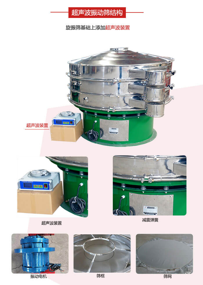 圓篩機內(nèi)部結(jié)構(gòu)：主要由振動電機、篩框、篩網(wǎng)、超聲波系統(tǒng)、減震彈簧等展示圖