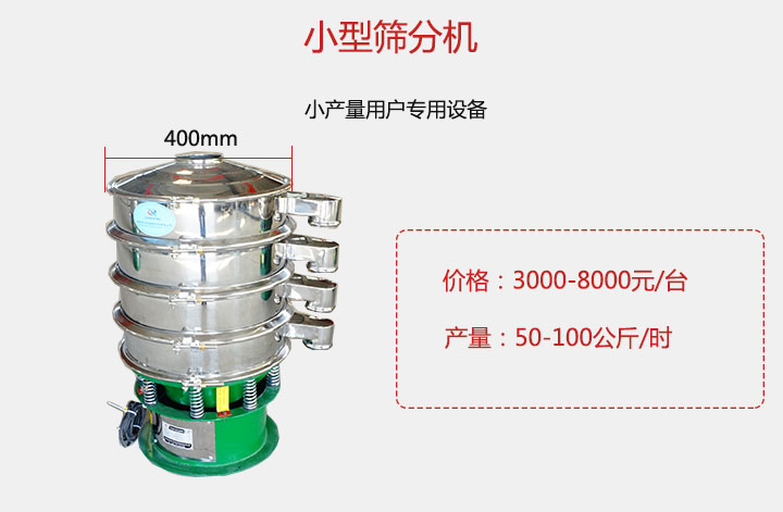 小型篩分機產(chǎn)量可達(dá)100公斤/時，價格3000元起。