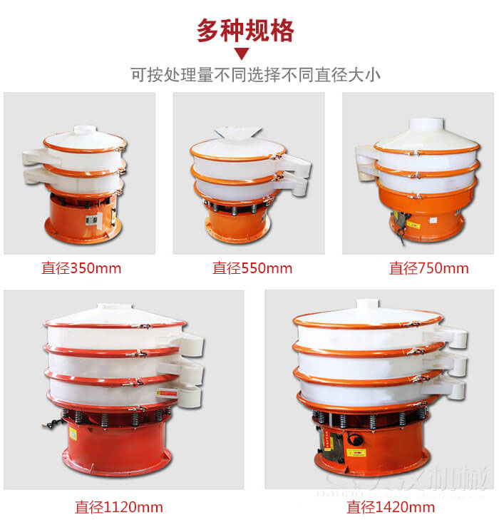 塑料振動篩不同篩分直徑進(jìn)行展示：350，550，750，1120，1420等。