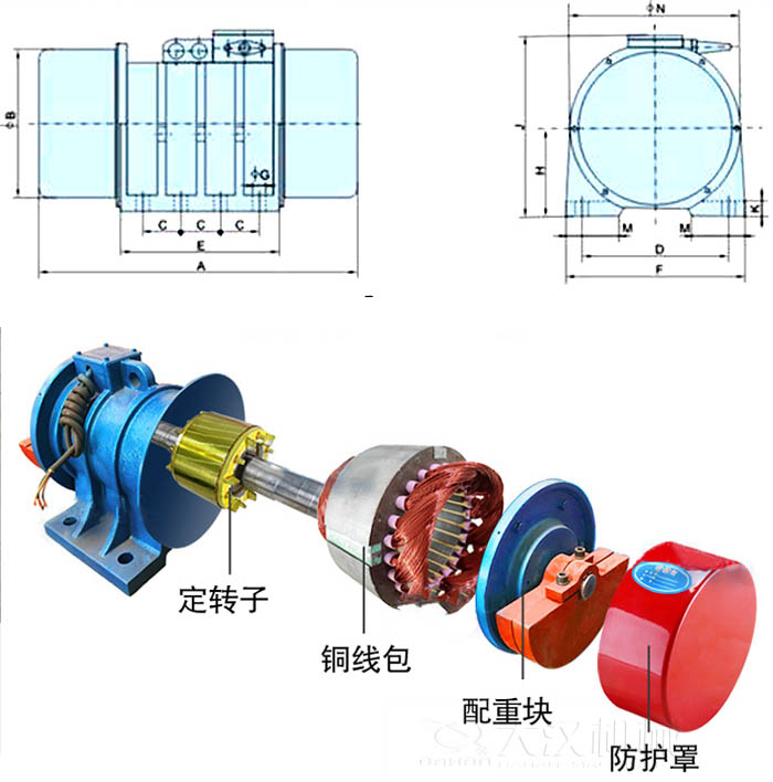 ZFB倉壁振動器外形尺寸字母代表：A為整機(jī)長度F為整機(jī)寬度B為主機(jī)寬度等。結(jié)構(gòu)：定轉(zhuǎn)子，銅線包，配重塊，防護(hù)罩等。