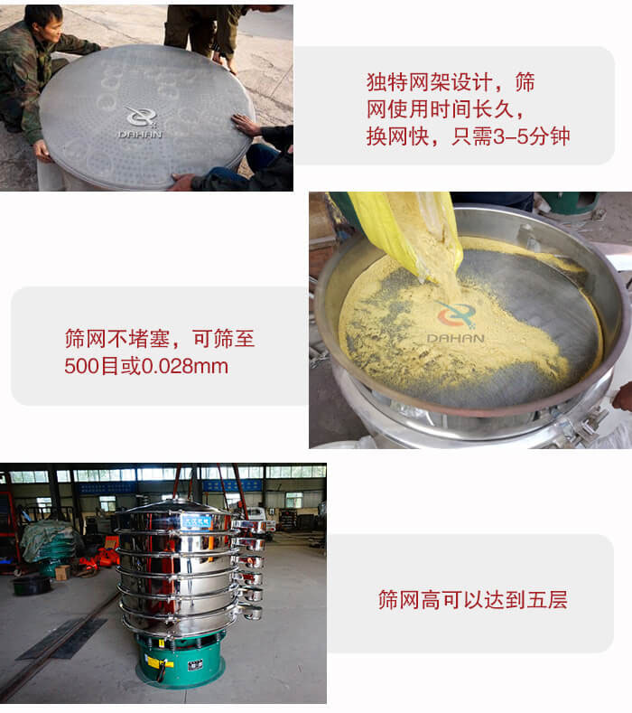 三次元振動篩的特點：篩網(wǎng)使用時間長換讓時間短，篩網(wǎng)不堵塞，可篩至500目或0.028mm。