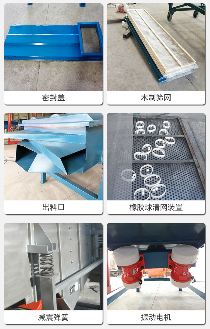 直線篩結(jié)構(gòu)展示：篩網(wǎng)，篩箱，振動(dòng)電機(jī)，振動(dòng)電機(jī)座，減震彈簧，支架等部件展示圖