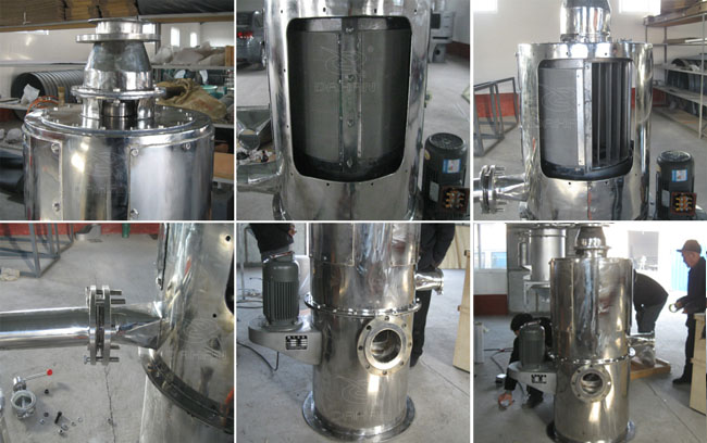 小型立式氣流篩細節(jié)：立式氣流篩篩網，立式氣流篩出料口，立式氣流篩電機。