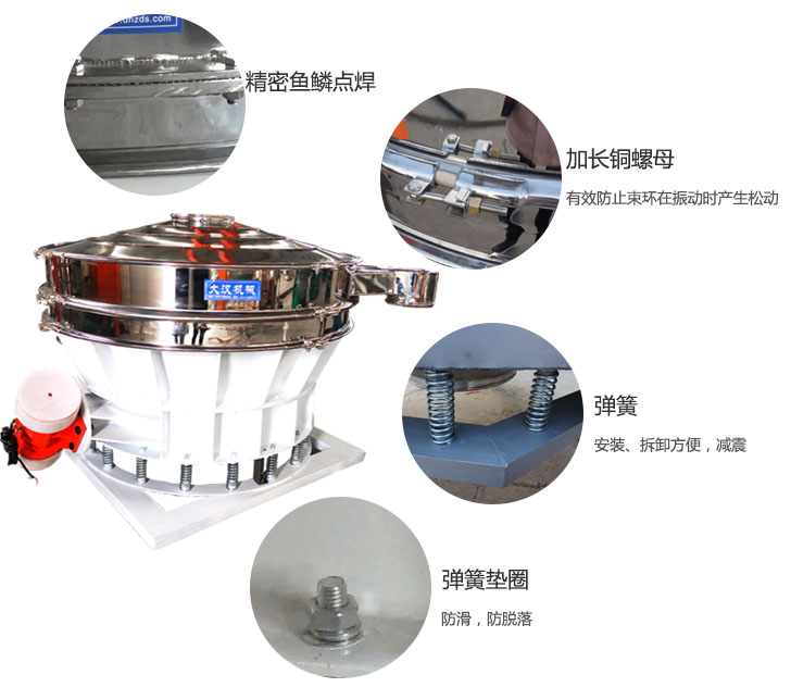 1500直排篩細節(jié)展示：彈簧，彈簧墊圈，加長銅螺母。