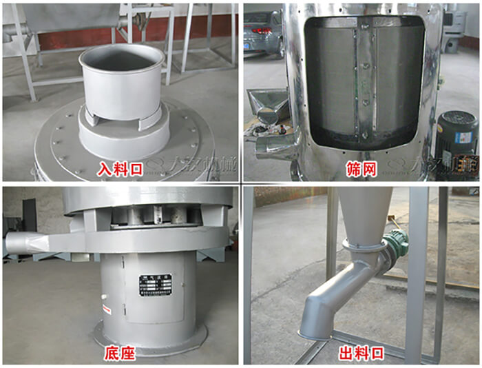 氣流篩部件展示：入料口，篩網(wǎng)，底座，出料口等。