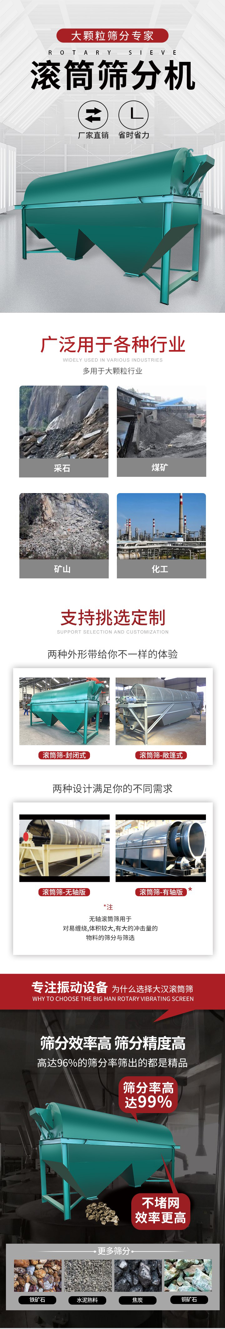 滾筒篩分機大顆粒篩分專家：廠家直銷，省時省力。滾筒篩被廣泛應(yīng)用各種行業(yè)：多用于大顆粒行業(yè)例如：采石，煤礦，礦山，化工等。滾筒篩定制類型有哪些：封閉式與敞篷式產(chǎn)品結(jié)構(gòu)分為：無軸式，有軸式兩種，無軸滾筒篩用于對纏繞，體積較大，有大的沖擊量的物料的篩分與篩選。滾筒篩篩分效率高篩分精度能夠達到：96%也比較適用于鐵礦石，水泥熟料，焦炭，銅礦石。滾筒篩特點：不飛粉末：密封隔離罩，密封性好，工作過程不會出現(xiàn)飛粉現(xiàn)象。外型尺寸是按筒體長計