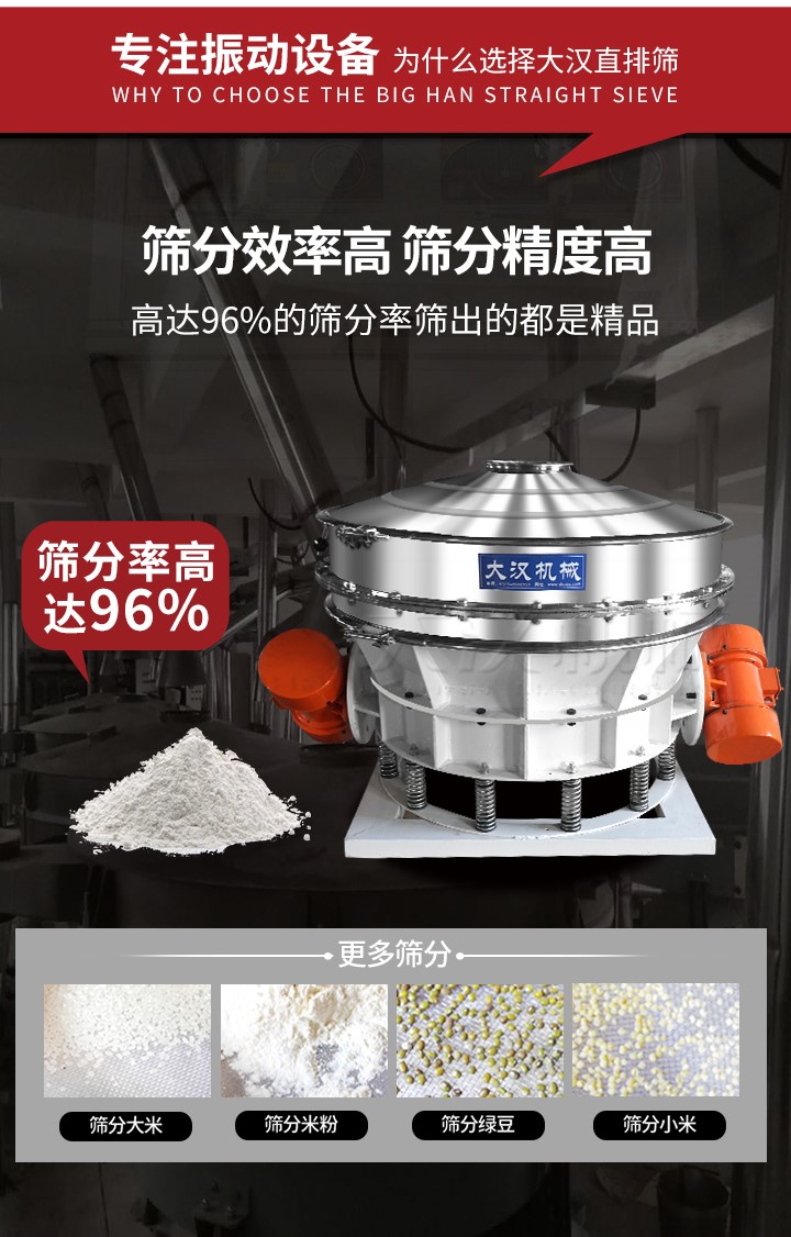 直排篩適用物料有面粉，淀粉，洗衣粉，金屬粉，添加劑，化工，非礦等行業(yè)。
