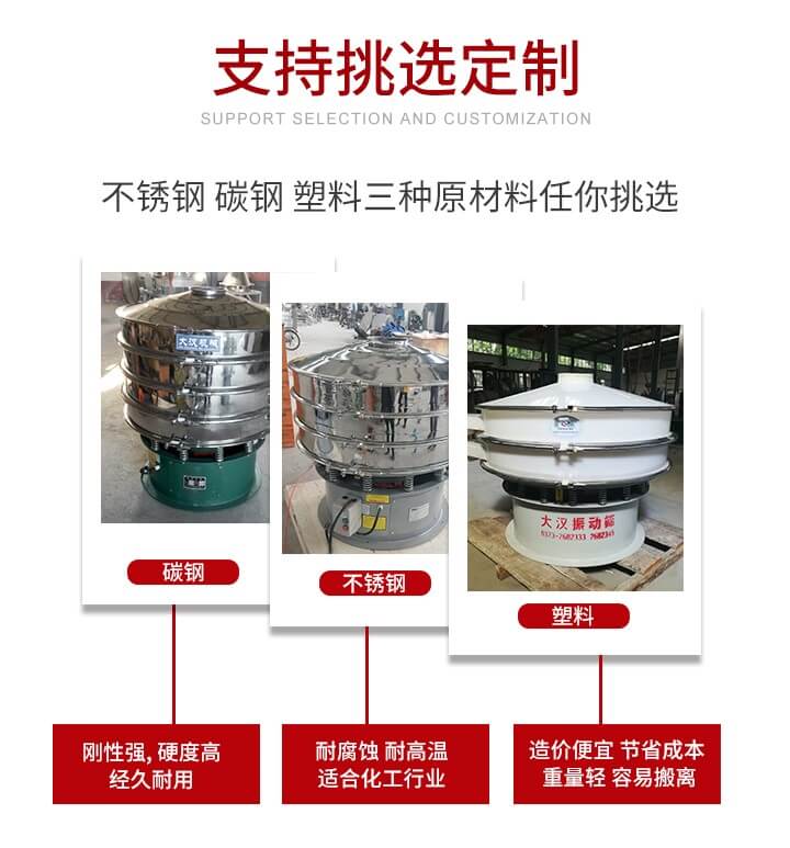 旋振篩可配置一到四層的篩網(wǎng)。旋振篩的篩分效率高，篩分精度高，篩分率高達(dá)96%。