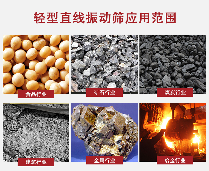 輕型直線振動(dòng)篩應(yīng)用范圍較廣多使用與顆粒狀，粉狀以及其它重型行業(yè)的輸送。