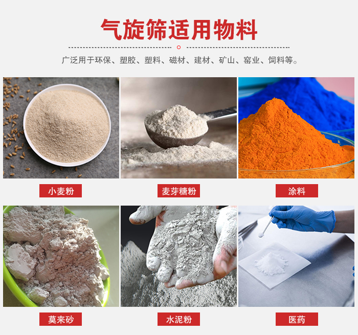 氣旋篩適用物料：小麥粉，麥芽糖粉，涂料，等粉狀物料。
