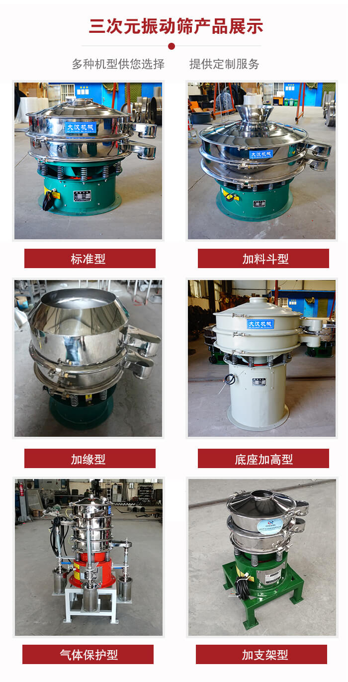 三次元振動篩不同結(jié)構(gòu)展示：標準型，加料斗型，加緣型，底座加高型，氣體保護型，加支架型。