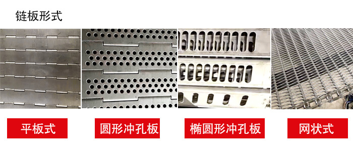 鏈板輸送機鏈板的不同形式：平板式，圓形沖孔板，網(wǎng)狀式等