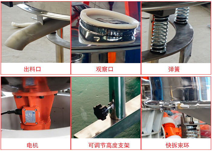 高頻篩細(xì)節(jié)展示：出料口，觀察口，彈簧，電機(jī)，可調(diào)節(jié)高度支架，快拆束環(huán)。